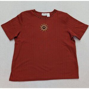 Alfred Dunner Women's Top Orange Stretch Knit Beaded Size Medium Short Sleeve